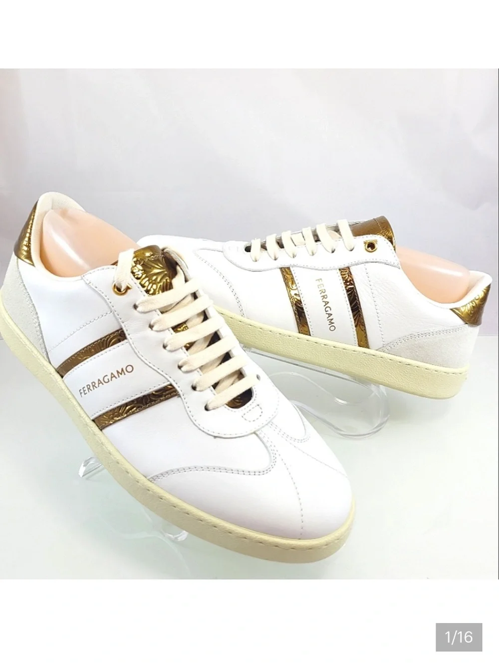 Salvatore Ferragamo Achille 2 White Gold Leather Sneakers Size 6 M NEW